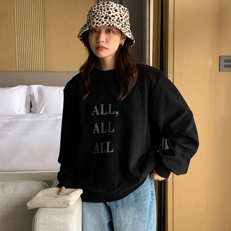 黑色圆领卫衣女秋冬新款韩版宽松设计感百搭加绒加厚小个子上衣潮