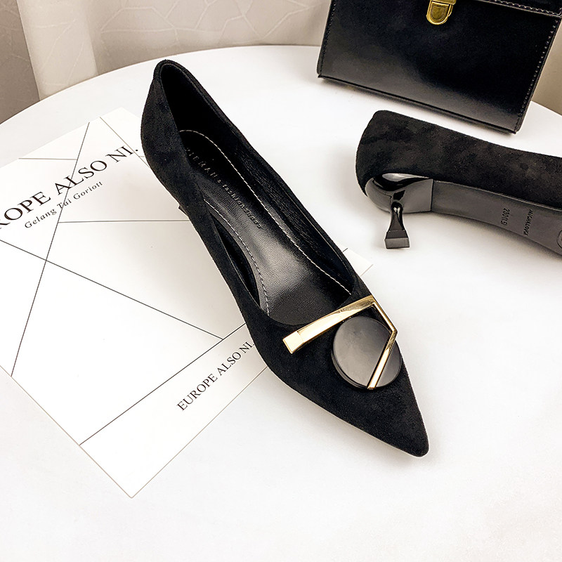黑色细跟低跟高跟鞋女2023年新款春季气质绒面职业尖头工作单鞋,女鞋,浅口单鞋,淘宝优惠券,粉丝福利购,淘宝优惠卷