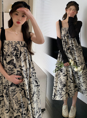 大码孕妇时尚套装夏季复古水墨印花宽松显瘦潮妈吊带连衣裙200斤