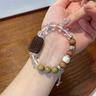 绿檀木头手串搭配白水晶单圈手链金属配件搭配五条经