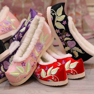 2023冬款汉服鞋加绒保暖搭配汉服马面女鞋明制魏晋复古鞋绣花鞋