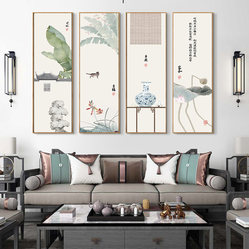 新中式客厅装饰画禅意茶室沙发背景墙挂画书房四联壁画水墨画墙画