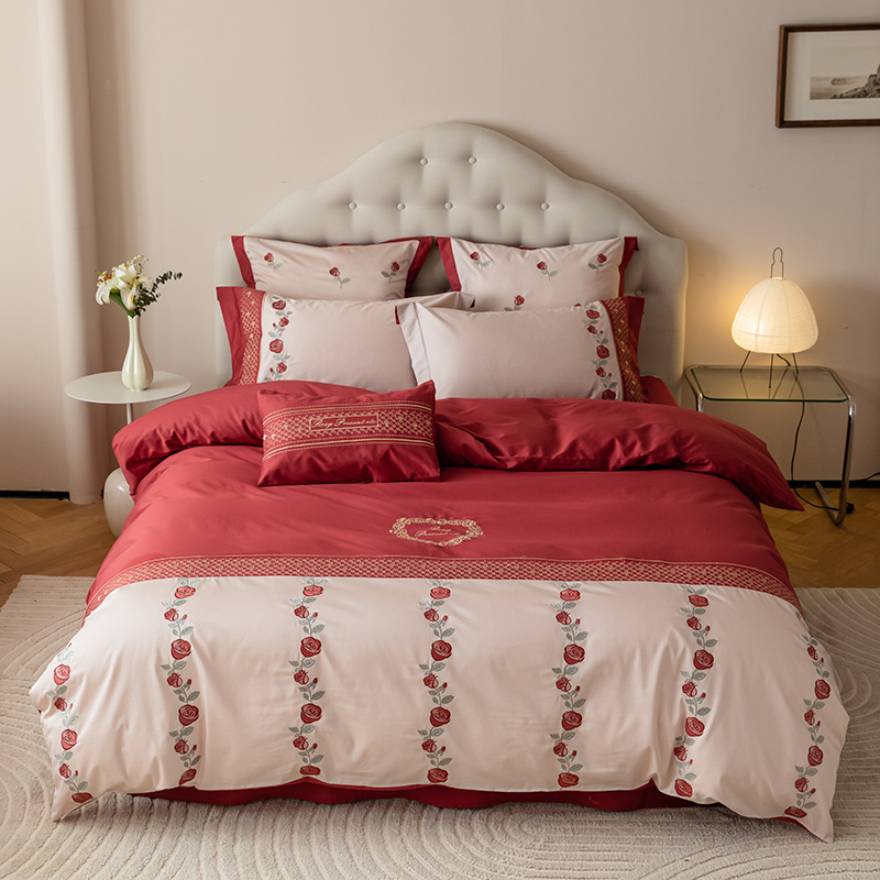 公主风结婚红色四件套全棉婚庆床组刺绣被套新人婚房床单喜被纯棉