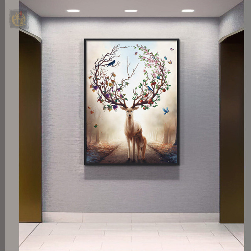 麋鹿玄关装饰画现代简约过道走廊壁画入户客厅餐厅招财鹿墙面挂画