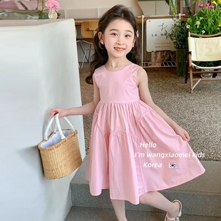 女童連衣裙夏g裝 新款 純色無袖 公主裙夏天海邊度假兒童裙 2024韓版