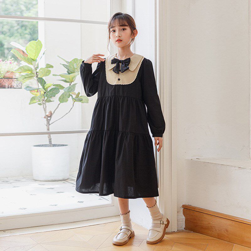 新品2023秋季女童黑色拼接花边连衣裙公主长袖长裙蝴蝶结翻领宽松