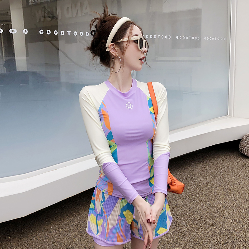 游泳衣女分体式两件套长袖裙式平角裤保F守2023新款遮肚显瘦泡温