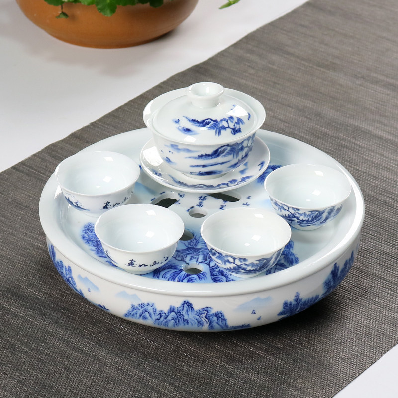 青花瓷功夫茶具套装家用陶瓷简易圆形双层储水茶盘茶台 茶海 茶船