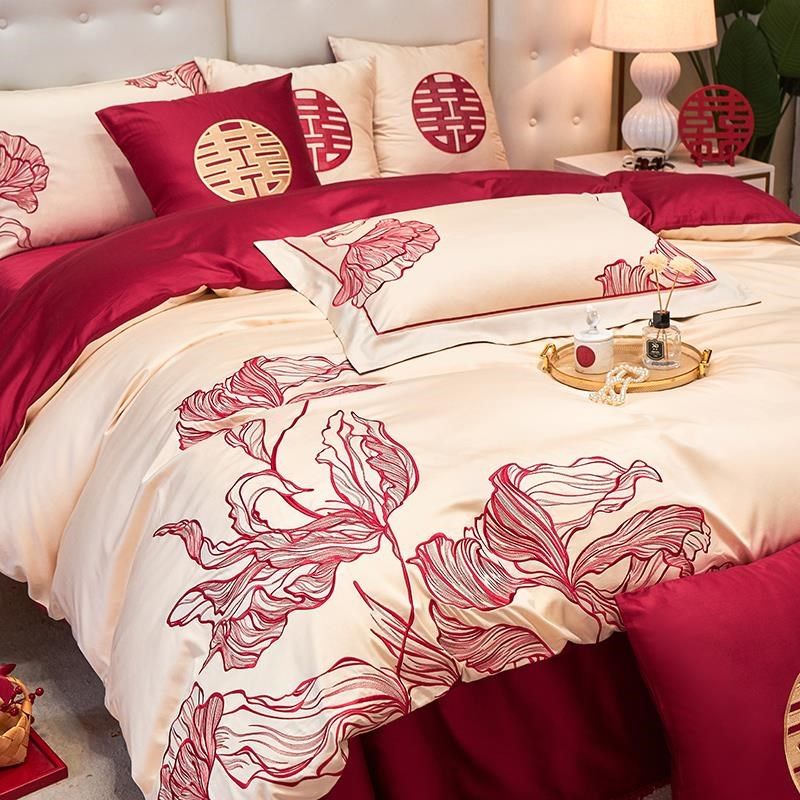 新婚红色100支全棉床上四件套刺绣韩版婚被床单纯棉婚庆少女床品,床上用品,婚庆床品套件,淘宝优惠券,粉丝福利购,淘宝优惠卷
