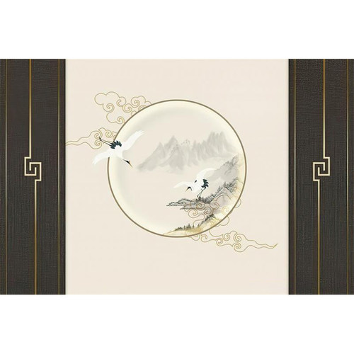 新中式祥云仙鹤意境电o视背景墙壁纸工装壁画书房茶室墙布2023新