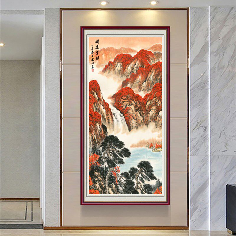 鸿运当头国画山水画客厅壁画入户玄关挂画走廊过道装饰画自粘壁画