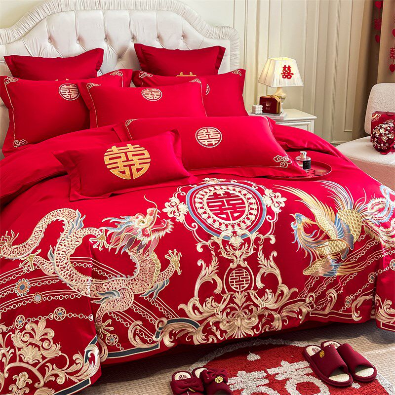 婚庆四件套大红龙凤刺绣被套新结婚房嫁礼床笠单床上用品,床上用品,婚庆床品套件,淘宝优惠券,粉丝福利购,淘宝优惠卷