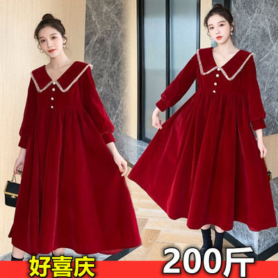 加肥大尺码孕妇红色洋装结婚新娘敬酒礼服时尚丝绒Ra字秋冬装300