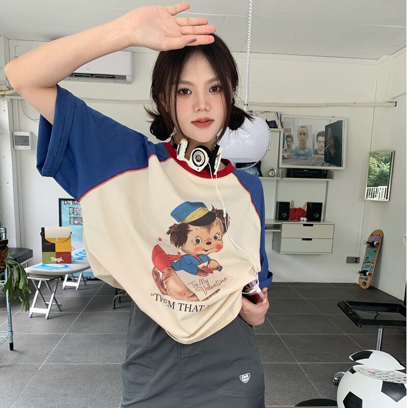 潮牌撞色拼接卡通印花短袖T恤女夏季2023新款圆领宽松设计感上衣