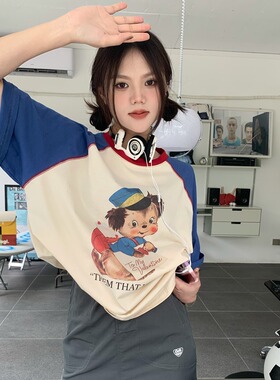 潮牌撞色拼接卡通印花短袖T恤女夏季2023新款圆领宽松设计感上衣