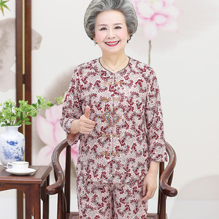 棉z绸老太太老人衣服夏天奶奶装 中老年人女装 套装 妈妈装 七分 夏装