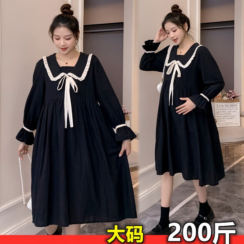加肥特大码c孕妇a字长袖连衣裙春秋季宽松纯棉娃娃领黑色长裙200