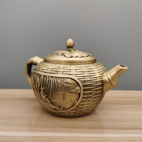 纯黄铜仿古拉g丝姜太公钓鱼小茶壶办公室家居禅意装饰品工艺品摆