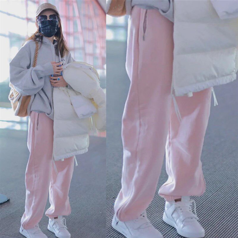 王鸥同款粉色卫裤运动裤美式束脚直筒裤子女2023春夏季薄款休闲裤