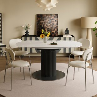 法式 复古旋转伸缩圆桌家用轻奢岩板餐桌实木折叠方圆两用吃饭桌子