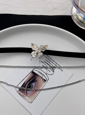 欧美复古蝴蝶流苏皮革项圈黑色皮绳ChokJer颈链女甜酷辣妹锁骨链