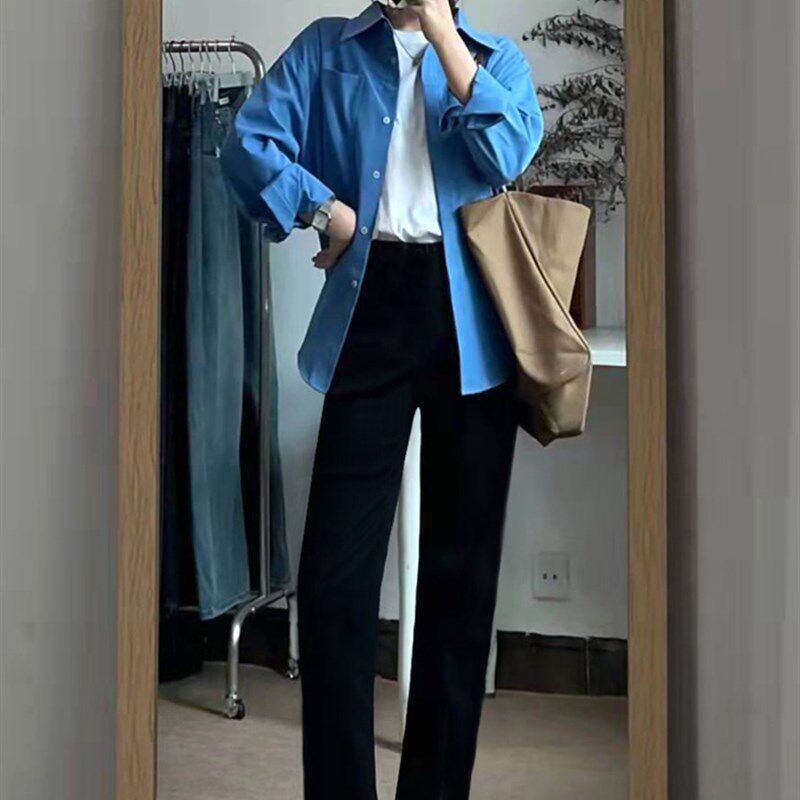 前开叉窄版d阔腿裤女夏2023小个子春秋直筒黑色高腰垂感西装裤
