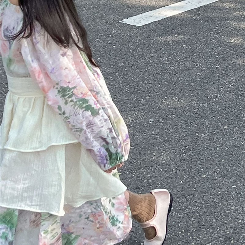女童碎花连衣裙小女孩宽松花色中长款裙子韩版女宝宝长袖娃娃裙潮