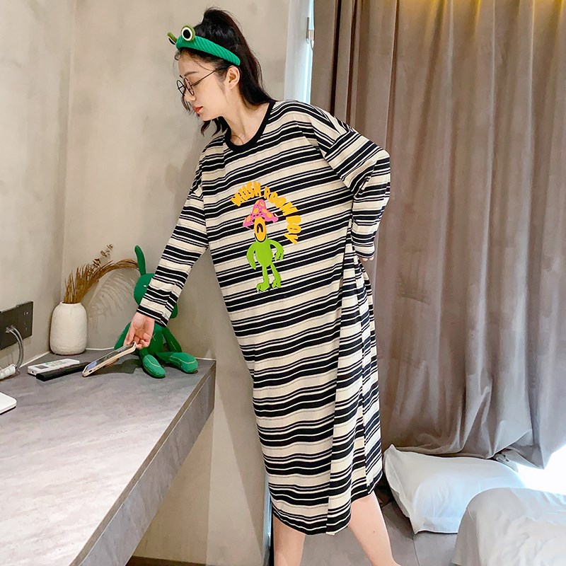 蘑菇条纹长袖睡裙中长款宽松大码休闲甜美可爱睡衣女春秋季