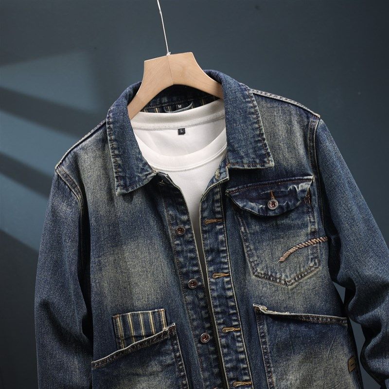 2024新款秋冬牛仔外套男士潮流复古多口袋夹克水洗怀旧休闲牛仔衣,男装,牛仔外套,淘宝优惠券,粉丝福利购,淘宝优惠卷