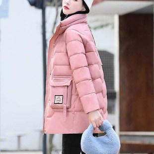 粉色连帽羽绒棉服女中长款冬季2023年新款韩版宽松加X厚棉衣棉袄