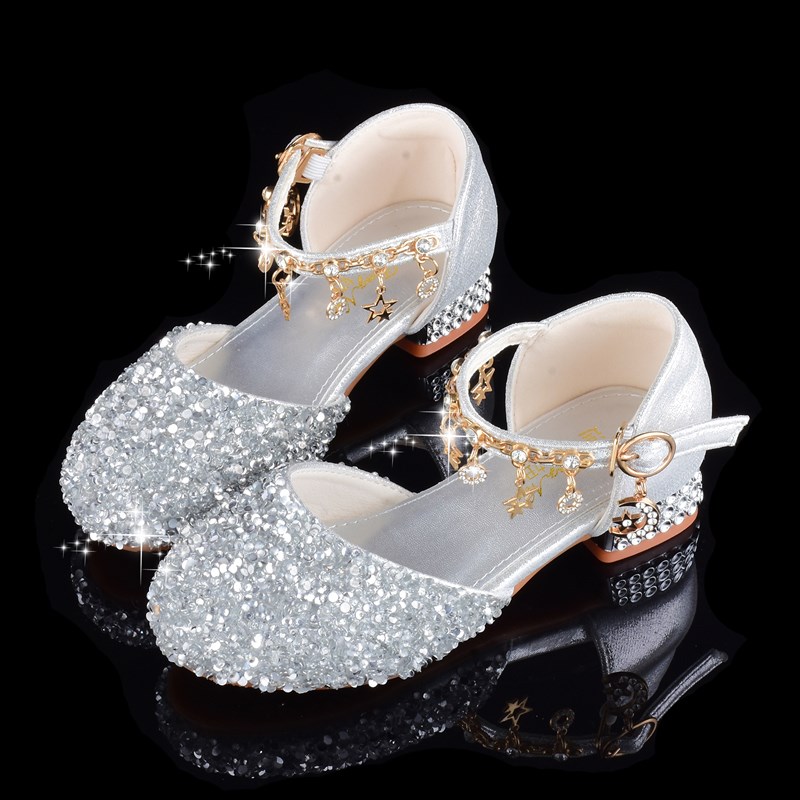 儿童礼服高跟鞋公主鞋女童水晶鞋亮钻白色舞台演出鞋小女孩花童鞋