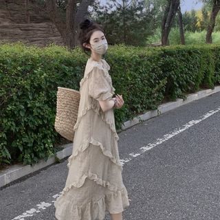 大码韩版宽松胖妹妹遮肉2023夏新款休闲减龄显瘦v领短袖连衣裙女