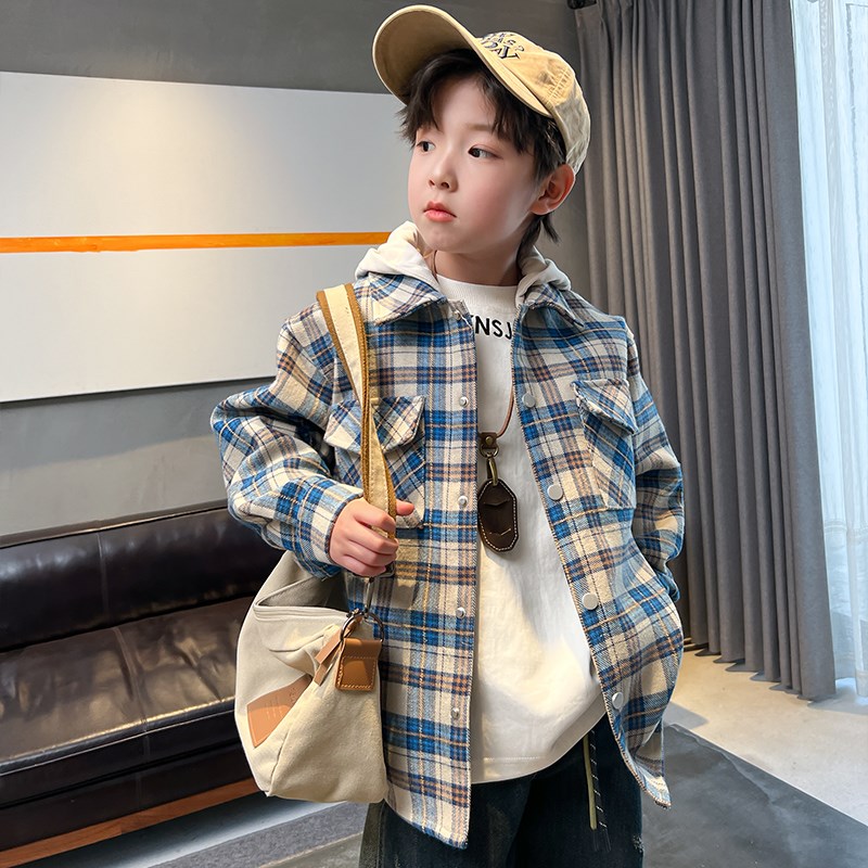 热销男童春装格子外套2024新款痞帅儿童衣服春秋款大男孩工装上衣