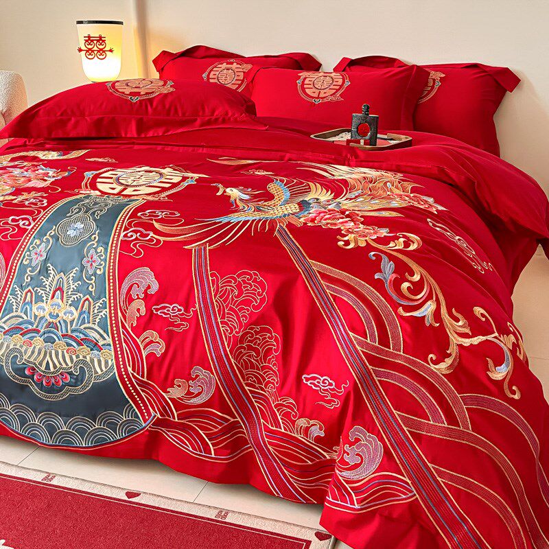 中式龙凤刺绣结婚四件套大红色新婚被套婚庆床上用品婚房陪嫁,床上用品,婚庆床品套件,淘宝优惠券,粉丝福利购,淘宝优惠卷