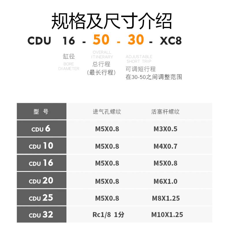 。行程可调气动小型气缸CDU10/16/20/25/32*10-20-50-10/20/30-XC