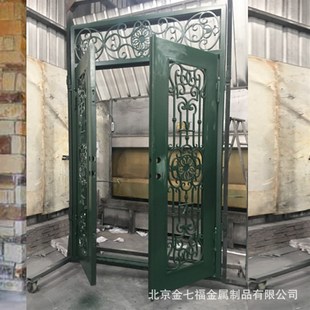 北京銷售別墅門鐵藝玻璃入戶對(duì)開戶門墨綠色氟碳防銹碳鋼歐式 大門