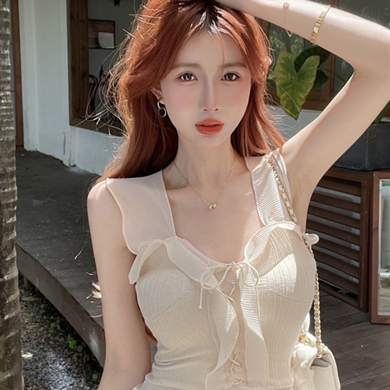 潮牌木耳边短款吊带背心女内搭时尚时髦夏季辣妹修身纯欲上衣外穿