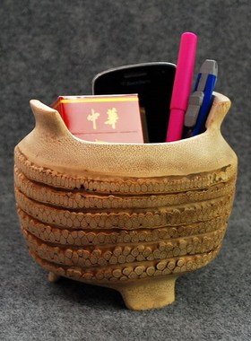 文玩竹根雕三足圆鼎摆件 v实用笔筒笔洗香炉 中式装饰文化礼品