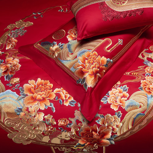 结婚四件套纯棉刺绣喜被十件套高端婚庆床上用品大红全棉陪嫁套件