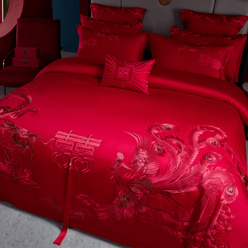 中式婚礼全棉四件套龙凤刺绣结婚大红色被套床单婚庆床品,床上用品,婚庆床品套件,淘宝优惠券,粉丝福利购,淘宝优惠卷