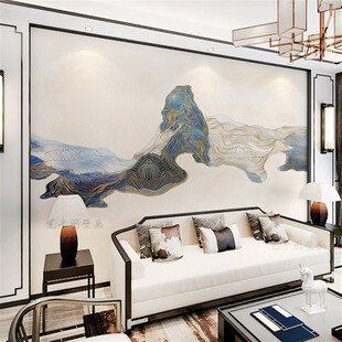 新中式 电视背景墙壁纸抽象手绘金色线条壁画墙纸客厅书房墙布现货