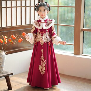 女童中国民族风加绒加厚唐装女孩春秋冬新年款古装超仙汉服连衣裙