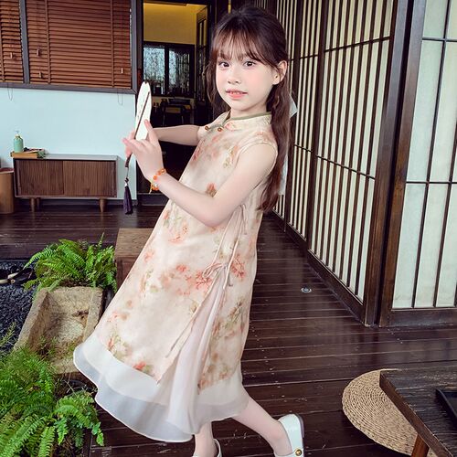 现货女童新中式旗袍裙夏装2024新款洋H气儿童国风汉服连衣裙女孩