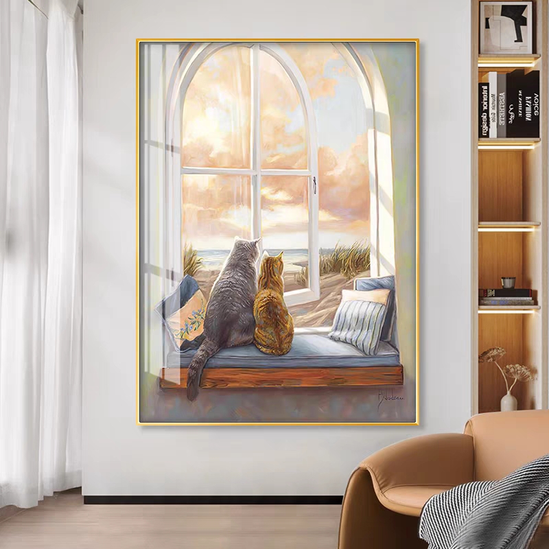 北欧玄关装饰画走廊过道墙面壁画窗户风景温馨猫咪治愈系客厅挂画图片