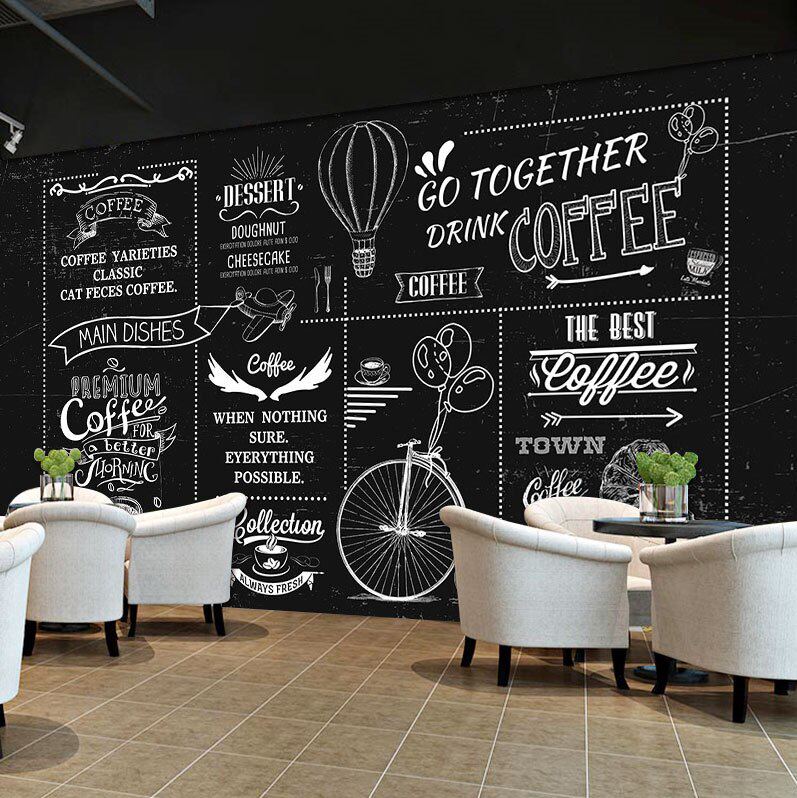 手绘黑板咖啡厅壁纸面包房休闲小吃店背景装饰壁r画涂鸦奶茶店墙
