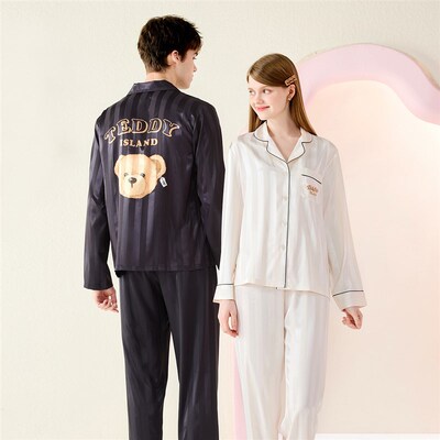 BE睡衣女春秋款冰丝绸长袖长裤带胸垫2024新款秋季情侣家居服套装