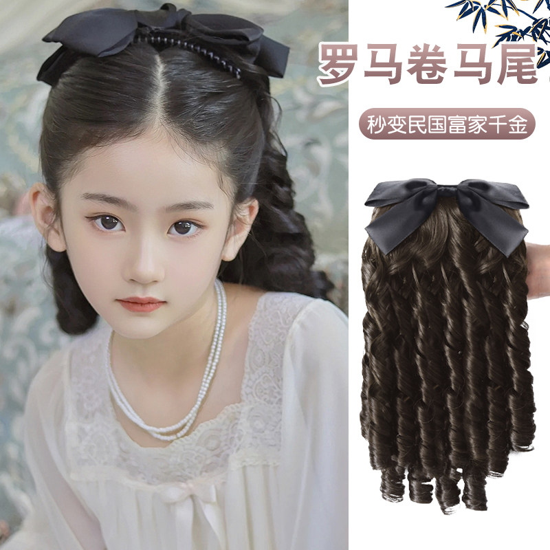 现货儿童旗袍头饰汉服假发马尾女童D民国风复古宫廷卷发罗马卷公