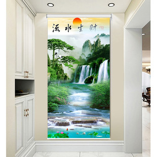 升降卷窗帘 高端定制迎客松山水玄关门隔断帘遮光防水免打孔手拉式