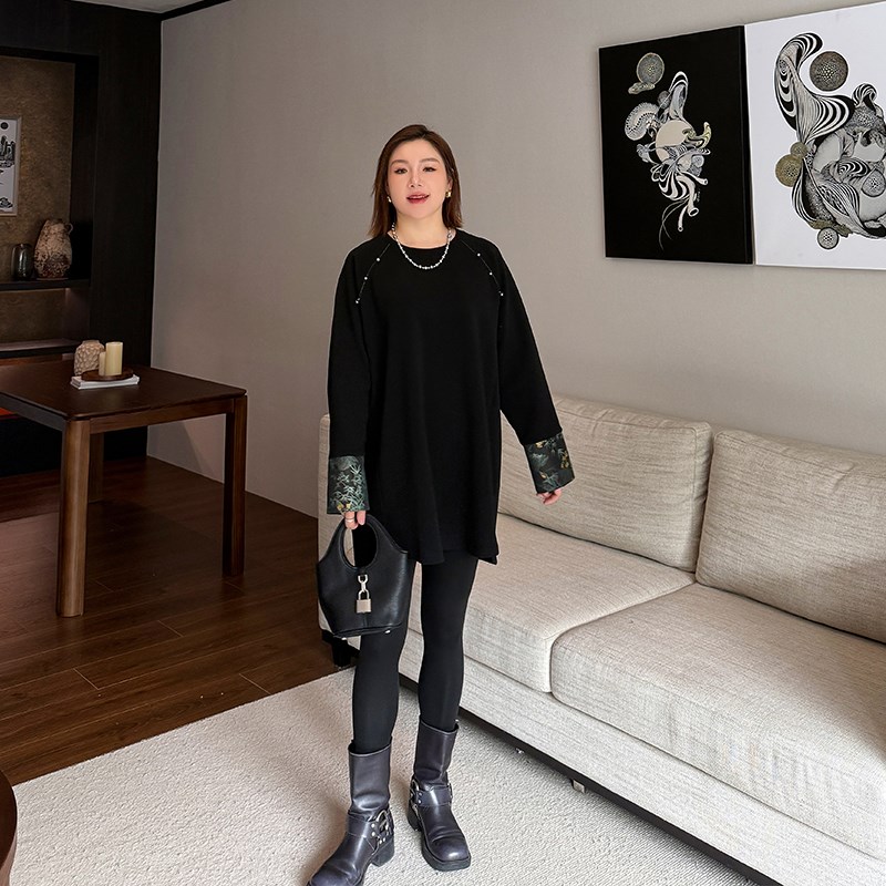 国风卫衣女加厚中长款200斤大码女装胖mm宽松加绒复古新中式上衣