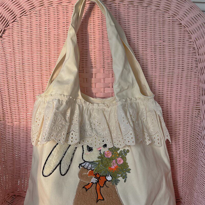 夏季可爱小兔包包蕾丝花边单肩包大容量背心帆布袋学生上课手提袋